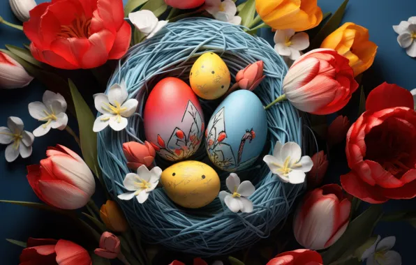 Flowers, holiday, bright, eggs, spring, blue, Easter, socket