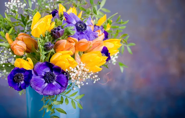 Flowers, bouquet, tulips, vase, anemones