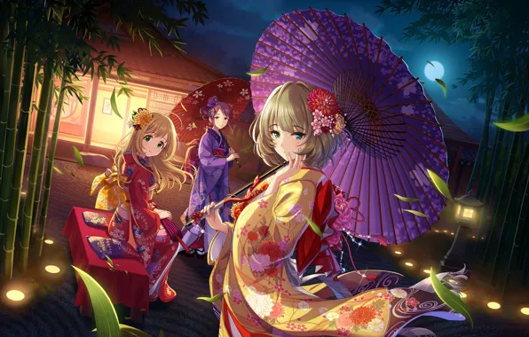 Picture girl, umbrella, bamboo, kimono, anime, art, idolmaster