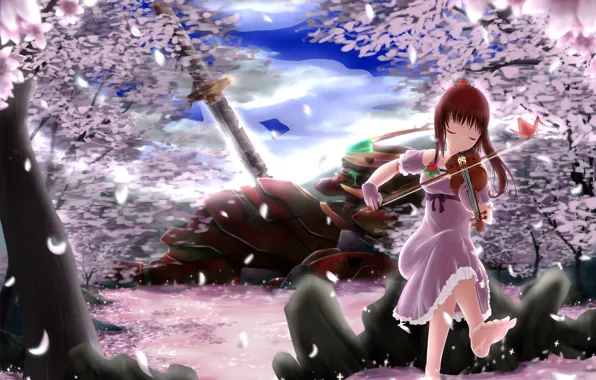 The sky, girl, clouds, weapons, violin, robot, sword, anime