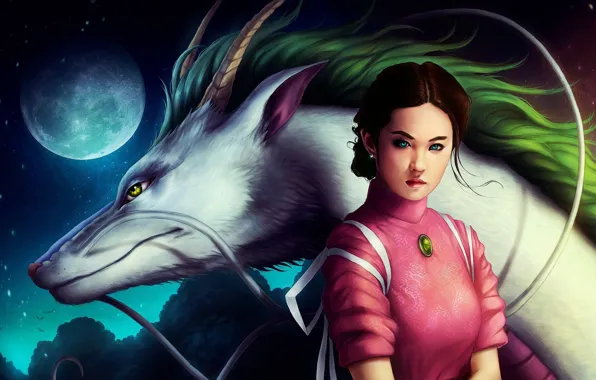 Picture girl, the moon, dragon, anime, art, spirited away, spirited away, Hayao Miyazaki