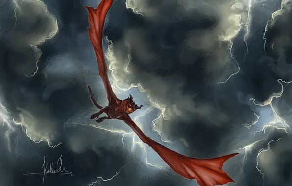 The sky, flight, clouds, fiction, wings, art, mouth, Red dragon