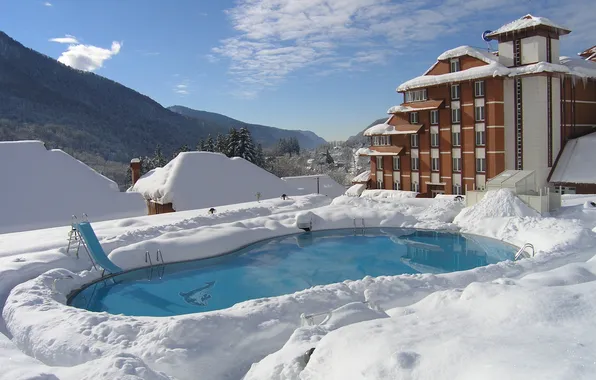 Snow, mountains, house, pool, Krasnaya Polyana