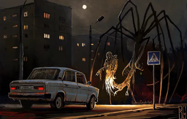 Night, Figure, The city, Machine, The demon, Art, Ghost, Lada