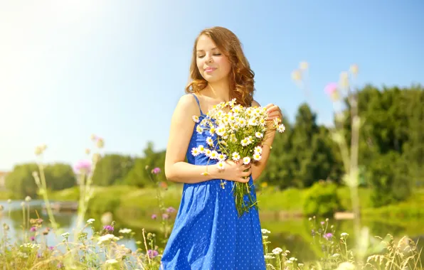 Picture summer, girl, the sun, trees, flowers, nature, river, glade