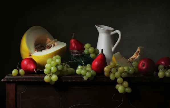 Grapes, pitcher, fruit, still life, pear, melon