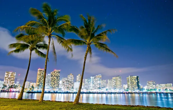 Picture night, lights, Hawaii, Honolulu, Ala Moana, beach Park