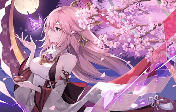 Wallpaper night, butterfly, The moon, Sakura, Genshin Impact, Yae Miko ...