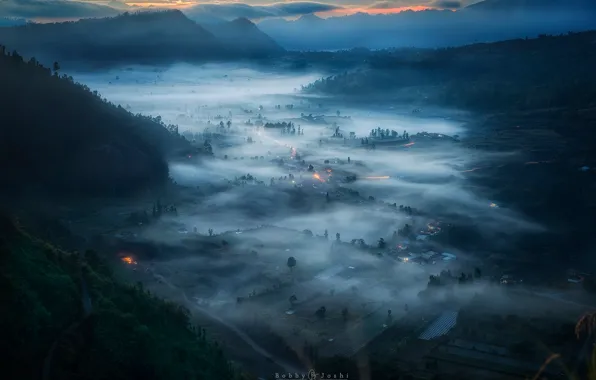 Picture mountains, fog, morning, valley, Indonesia, the island of Bali