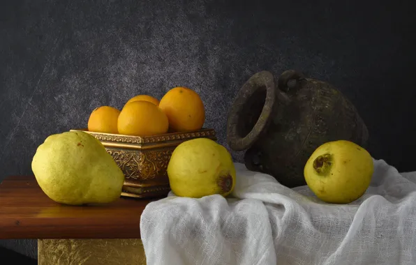 Food, oranges, fabric, pot, pear, fruit, still life, items