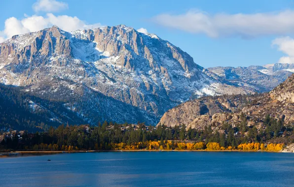 Autumn, the sky, clouds, trees, mountains, lake