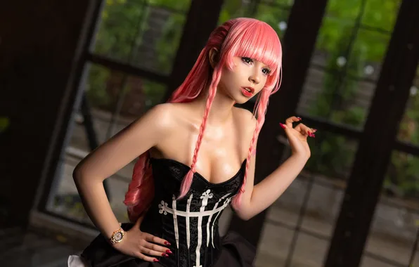 Picture pink hair, twintails, women, black dress, Penka Rui, Mihesh Ari