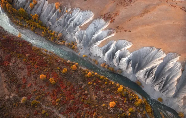 River, trees, autumn, cliffs, aerial view