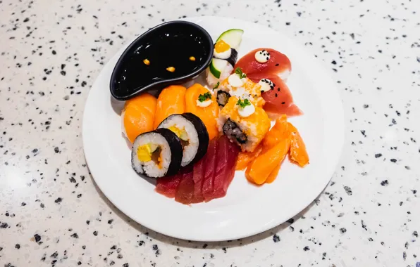 Plate, figure, sauce, sushi
