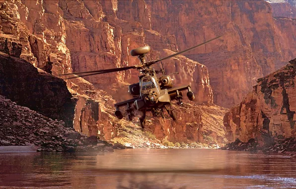 Picture Mountains, River, Flight, USA, Helicopter, Helicopter, McDonnell Douglas, Attack helicopter