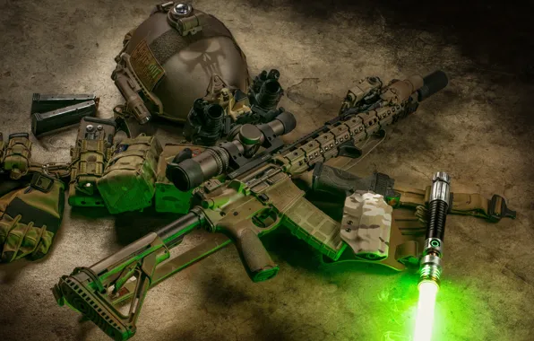 Gun, ray, flashlight, rifle, helmet, assault, AR-15, semi-automatic