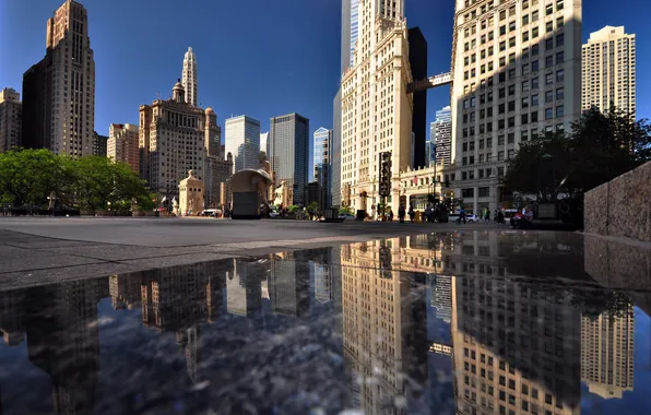 Picture city, reflection, skyscrapers, puddle, USA, America, Chicago, Chicago