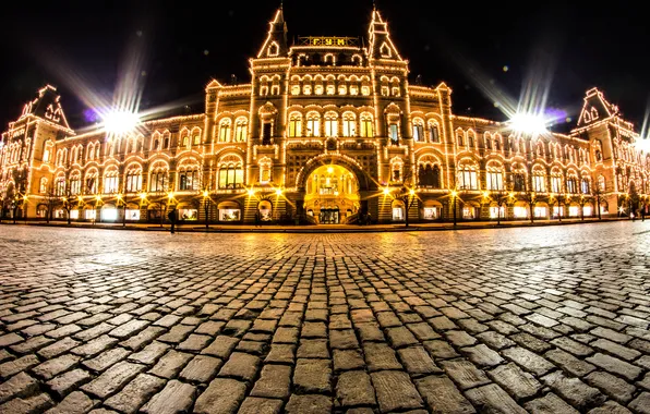 The city, lights, stone, the building, the evening, pavers, Moscow, Red square