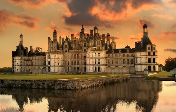 The sky, grass, clouds, sunset, pond, Park, castle, France
