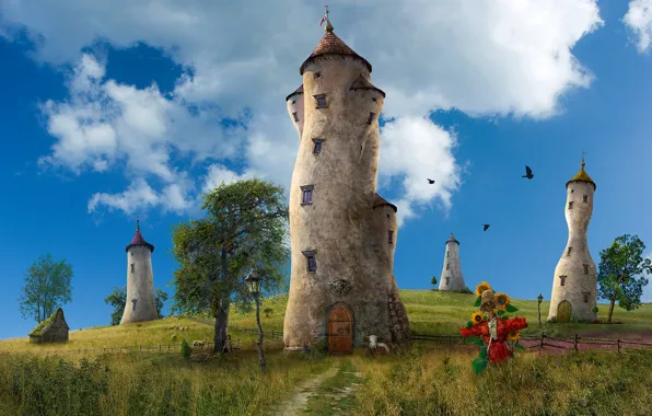 Picture clouds, girl, tower, stuffed, cattle