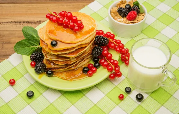 Berries, Breakfast, honey, pancakes, fresh, berries, breakfast, muesli