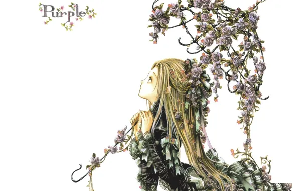 Girl, white background, long hair, looking up, crinoline, rosebuds, with an umbrella, by Green Glass