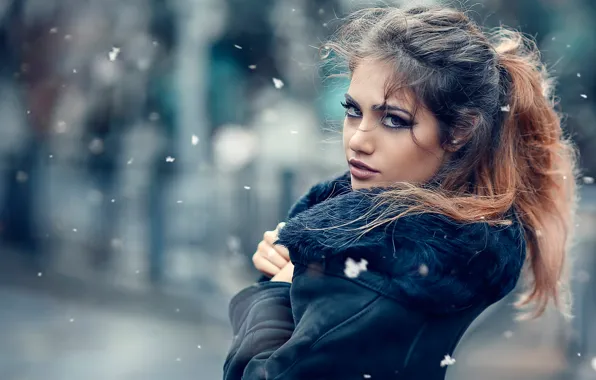 Cold, girl, snow, fur, the beauty, Alessandro Di Cicco, Cold outside