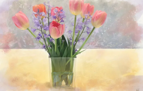 Flowers, bouquet, tulips, bells