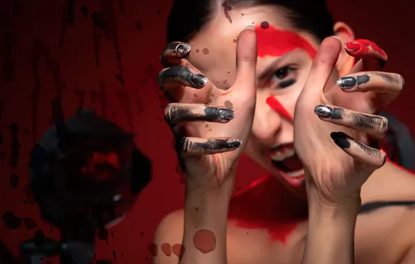 Color, girl, face, paint, makeup, fingers, manicure