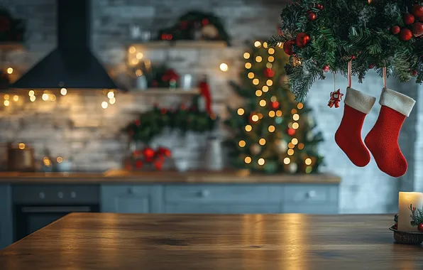 Branches, lights, comfort, house, table, wall, Christmas, kitchen