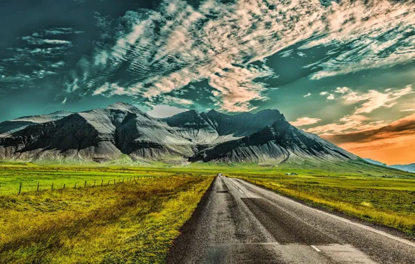 Road, the sky, clouds, mountain, Iceland, Iceland, Hafursfell