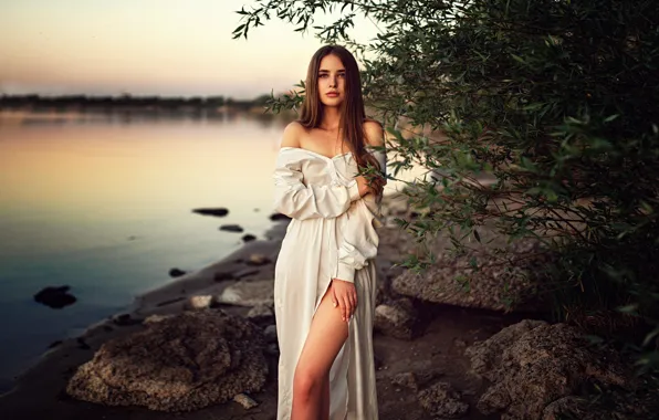 Picture look, trees, sunset, nature, pose, river, stones, model