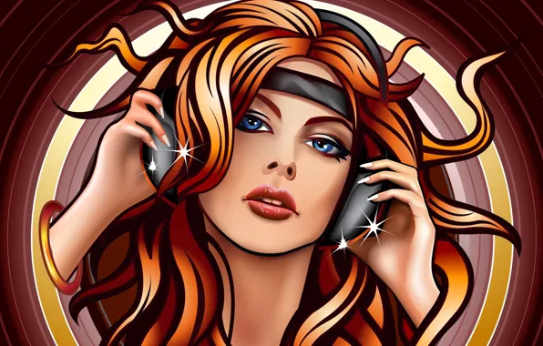 Picture look, girl, music, hair, vector, hands, headphones