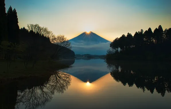 Forest, the sky, the sun, landscape, mountains, reflection, hills, mountain