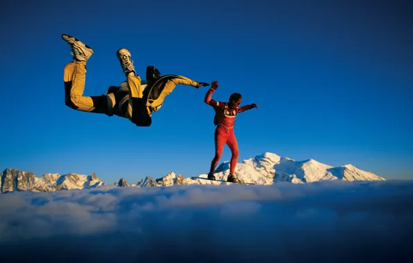 The sky, clouds, snow, mountains, parachute, container, Board, skydivers
