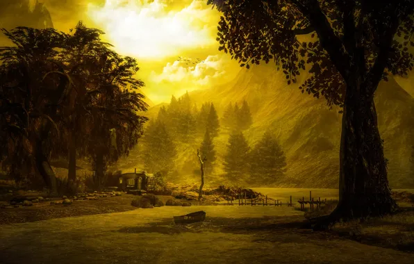Picture forest, the sky, the sun, clouds, trees, landscape, sunset, mountains