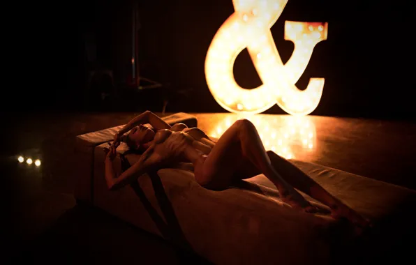 Chest, girl, pose, lamp, model, naked, body, figure