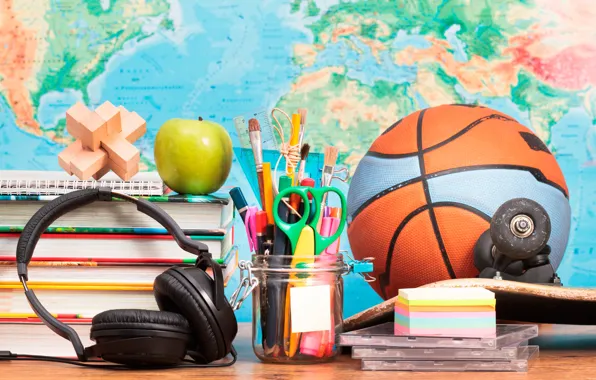 Picture table, the ball, books, Apple, map, pencils, headphones, handle