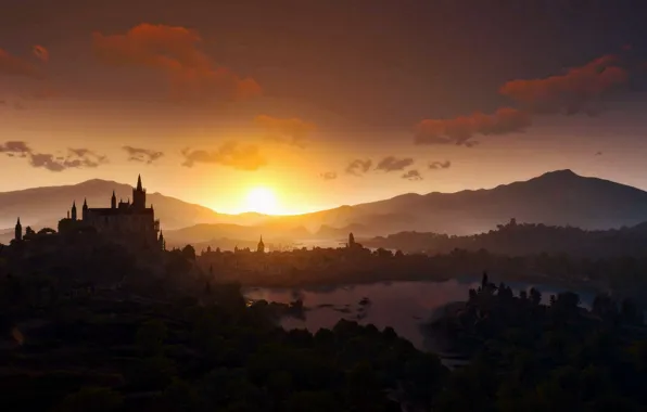 Sunset, Mountains, Castle, Landscape, Art, The Witcher, The Witcher 3, Toussaint