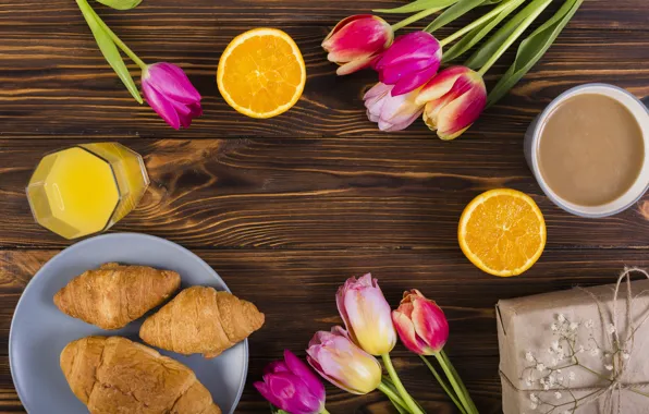 Flowers, Breakfast, colorful, tulips, pink, wood, pink, flowers