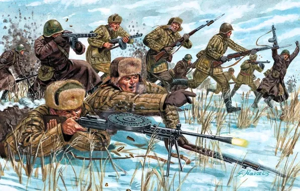 Winter, snow, weapons, war, attack, battle, soldiers, the battle