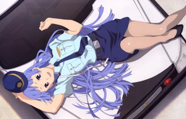 Auto, smile, tie, Police, cap, uniform, blue hair, lying on her back