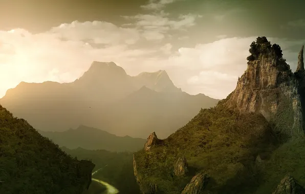 Forest, landscape, mountains, river, rocks, hills, art, erenarik