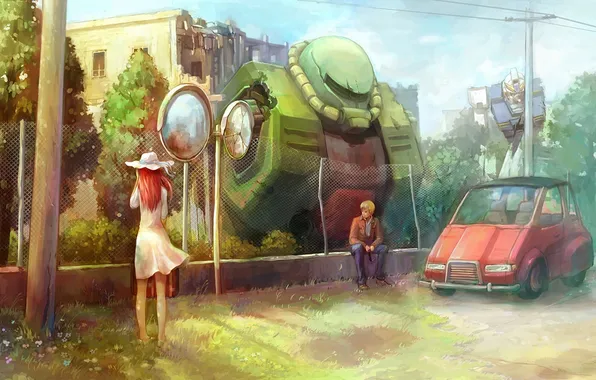 Machine, girl, the city, the fence, building, robot, hat, art