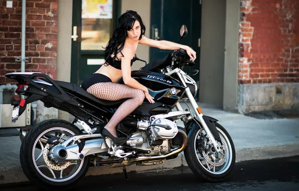 Picture girl, street, BMW, motorcycle