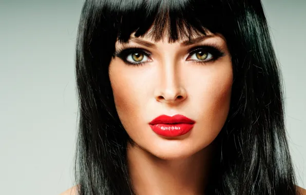 Look, face, hair, bangs, girl. model, green eyes. makeup. red lips