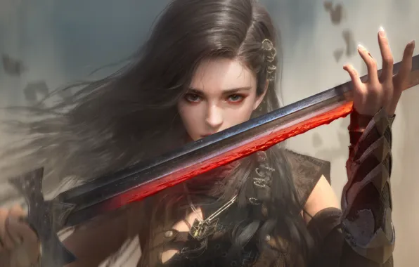 Girl, blood, sword, long hair, cute, wound