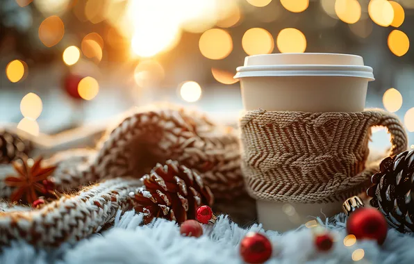 Balls, lights, glass, coffee, scarf, Christmas, New year, fur