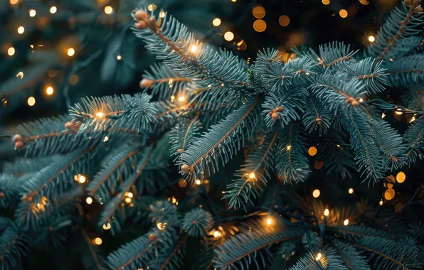Winter, light, branches, lights, glare, the dark background, holiday, spruce
