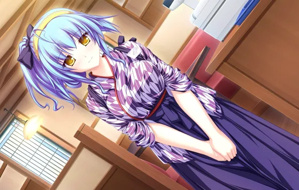 Picture Maid cafe, the waitress, cash, blue hair, window